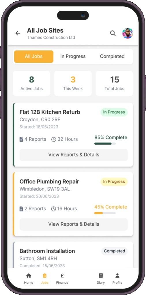 All jobs list with active job counts and progress tracking