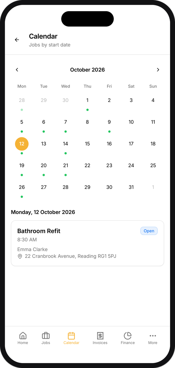 Calendar view showing jobs by start date for the month