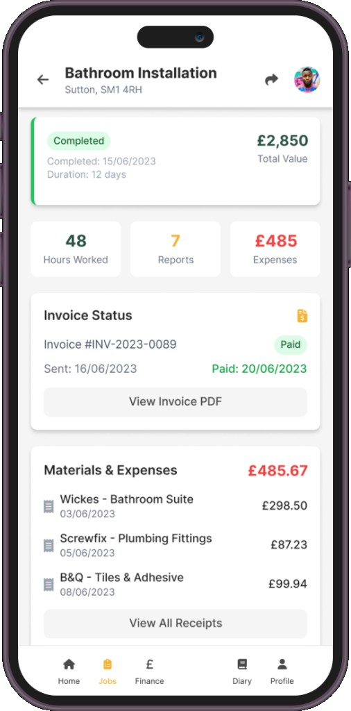 Completed job summary with hours, expenses and invoice status