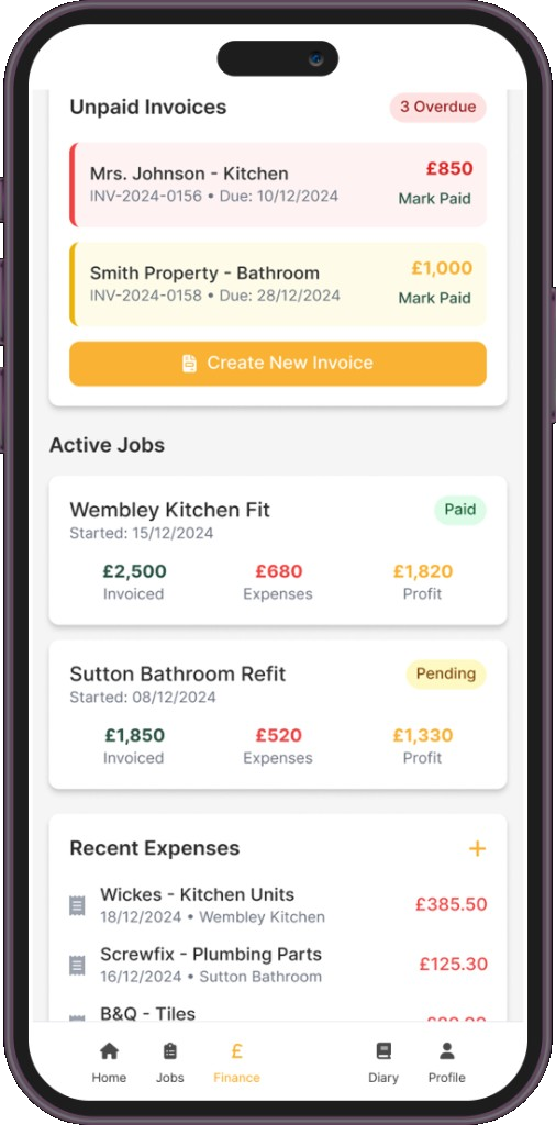 Finance dashboard with unpaid invoices, job profit and expenses
