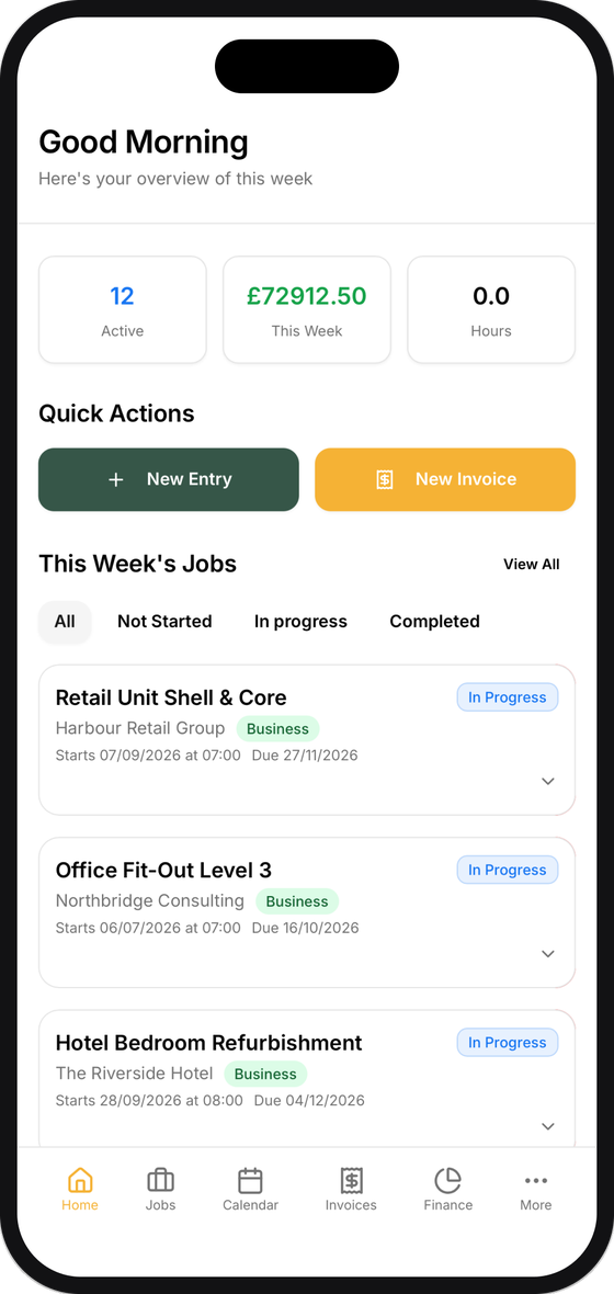 SiteSync home screen with this week's jobs, earnings and quick actions