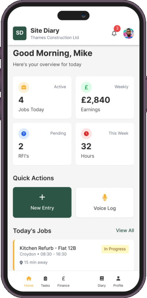 SiteSync home screen with today's jobs, earnings and quick actions