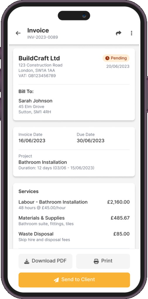 Professional invoice with labour, materials and send to client