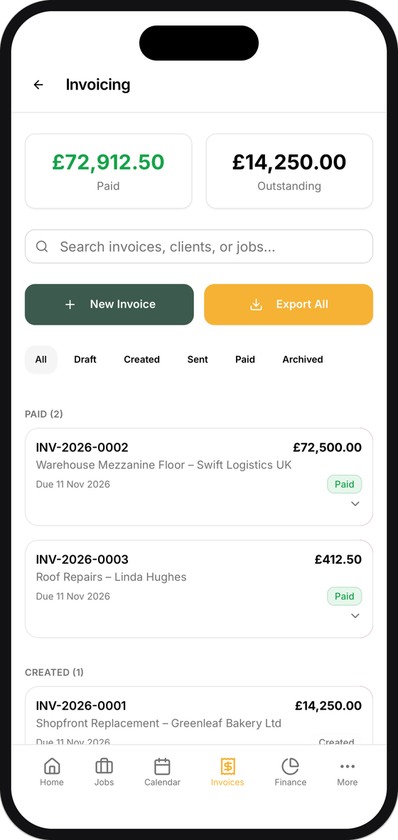 Invoicing screen with paid and outstanding totals and invoice list