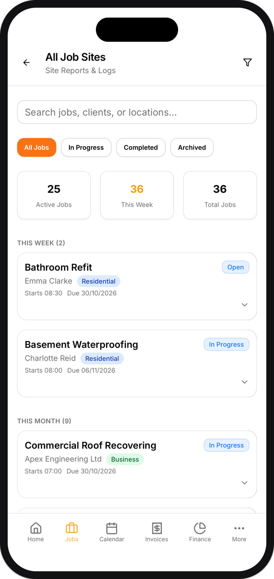 All job sites list with active, this week and total job counts