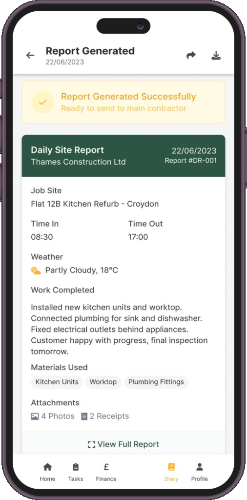 Generated daily site report ready to send to main contractor