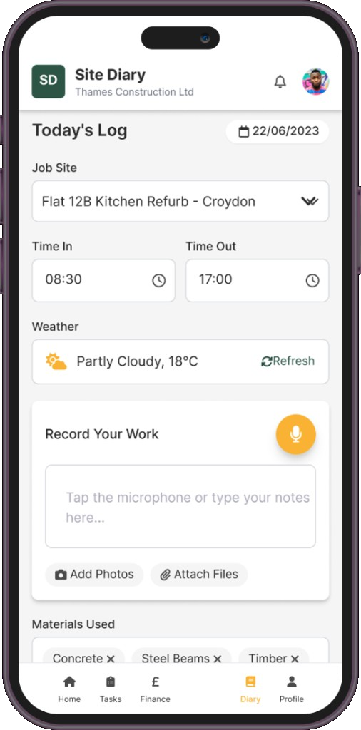 Site diary log with voice notes, photos and materials